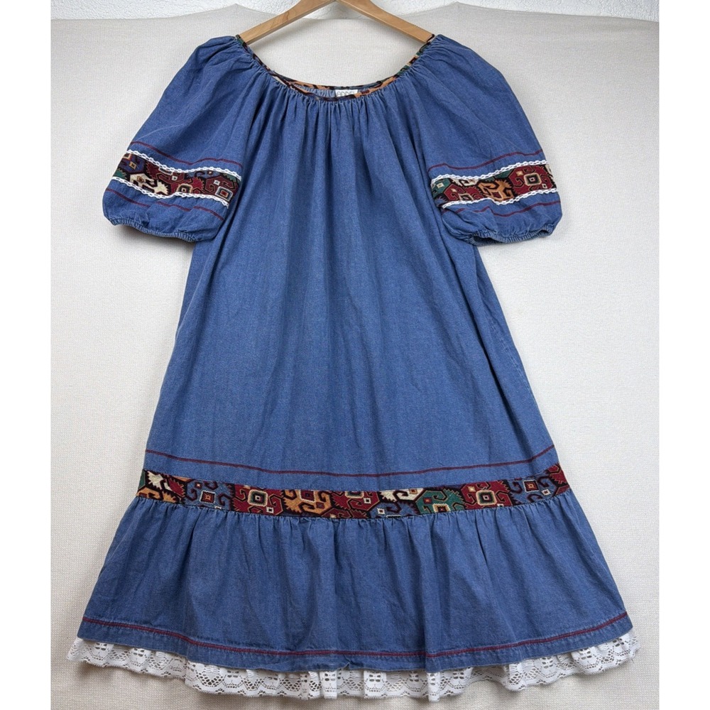 Appel Leisure Wear Denim Kaftan Midi Dress Size 2X Southwestern Trim Ruffle VTG